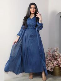 Ethnic Clothing Dubai Party Sheer Satin 2 Piece Abaya Set Puff Sleeves Kimono Sleeveless Dress Middle East Evening Gown Muslim Women Ramadan