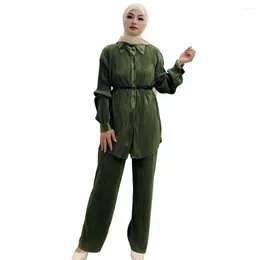 Ethnic Clothing Muslim Suit Middle East Dubai Turkey Solid Color Pleated Long-sleeved Trousers Two-piece Clothes Women Abaya