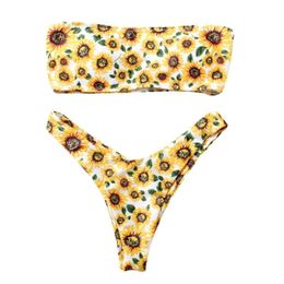 Swimwear Women Sexy Two Piece Bikini Set Off Shoulder Strapless Coloured Cartoon Summer Sunflower Print Bandeau Low Waist High Cut Thong