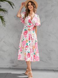 Party Dresses Summer Women's Bohemian Style Maxi Long Dress Floral Cotton Beach V Neck Boho Clothing Vestido Robe Female