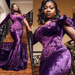저녁 Veet Purple Elegant Mermaid One Shoulder Long Sleeves 레이스 구슬 쟁기 드레스 특별 OCNS 두 번째 리셉션 가운 약혼 드레스 NL342