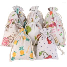 Jewelry Pouches 10pcs/lot 10x14cm Linen Cotton Bag Lovely Prints Drawstring Pouch Cosmetic Wedding Candy Gift Packaging Bags