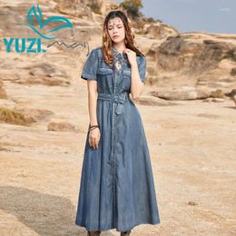 Party Dresses Dress For Women 2024 Yuzi.may Boho Denim Short Sleeve High Waist Single Breasted Bowknot Embroidery Vestidos A82378