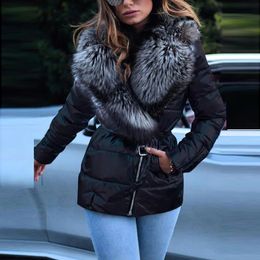 Women Solid Large Fur Collar Zipper Slim Coat Winter Fashion Lapel Bright Face Pocket Cotton Jacket Ladies Warm Streetwears 240104