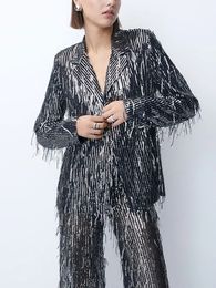 Women Buckle Tassel Glitter Lapel Blazer Pants Suits Fashion Shinny Slim Coat Loose Set 2023 Party Evening Club Outfits 240105
