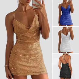 Casual Dresses Women Slim-fitting Dress Mini Sparkling Sequin V-neck Party With Spaghetti Straps Backless Design For Slim Fit