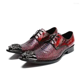 Dress Shoes Mens Iron Pointed Toe Formal Genuine Leather Business Lace Up High Quality Snake Skin Calzado Hombre