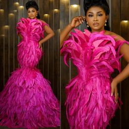 Luxurious Plus Size Prom Dresses Fuchsia Feathered Dress for Special Occasions Formal Evening Dresses Birthday Party Dress Engagement Gowns for Black Women AM336