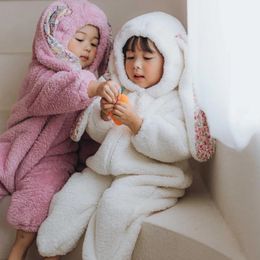 Toddlers Baby Winter Warm Hooded Romper Long Sleeve Long Rabbit Ears Zipper Thick Fleece Jumpsuit Snowsuit Bodysuit Outerwear