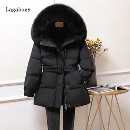 Lagabogy Winter Jacket Women Large Faux Fur Hooded Short 90% White Duck Down Coats Slim Warm Parkas Female Outwear Belt 240105