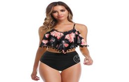 Swimwear Tassel Ruffles Women Suits Two Piece Sets Leaves Poke Flower Printed Beachwear High Waist Bikini Set Bottoms Push Up Tank7546111