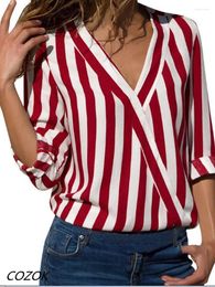 Women's Blouses 2024 Autumn V-neck Striped Modis Pullover Blouse Women Casual Loose Office Vintage Elegant Chic Long Sleeve Ladies