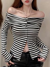 Women's Hoodies Korejepo American Off Shoulder Top Contrast Stripe Versatile T Shirt Waist Close Split Slim Sexy Spicy Girls Style Tops