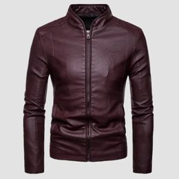 2023 Mens Fashion Leather Jacket Slim Fit Stand Collar PU Motorcycle Zipper Jackets Men Autumn and Winter Streetwear 240105