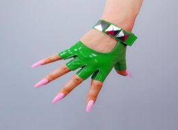 Real Leather SemiFinger Gloves Patent Bright Green Silver Rivet Sheepskin Fingerless Women Touchscreen WZP50 Five Fingers5445508