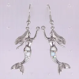 Dangle Earrings KONGMOON Mermaid White Fire Opal Silver Plated Jewellery For Women Drop