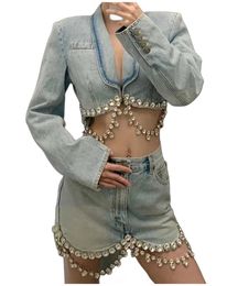 Women's spring new denim jeans diamonds rhinestone chains patchwork blazer coat and skirt twinset 2 pc dress suit SML