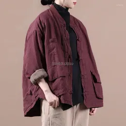 Ethnic Clothing 2024 Women Chinese Cheongsam Button Long Sleeve Cotton-padded Jacket Fashion Loose Style Winter Cotton S933