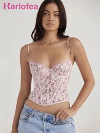Camis Karlofe Chic And Elegant Crochet Lace Pink Tops Women Sexy Chest Padded Camis Vest Streetwear Clothes Cute y2k Crop Corset Top