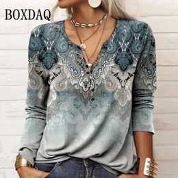 Shirts 2023 New Autumn Winter Women Blouse Vintage Ethnic Style Floral Print Shirts Long Sleeve Vneck Button Loose Casual Boho Tops