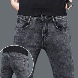 Autumn and Winter Plush Wool Korean Fashion Men Skinny Jeans Brushed Denim Fleece Slim Keep Warm Thick Pants Trousers 240104