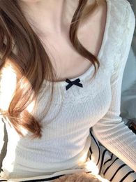 Women's T Shirts Fashion Knitted Solid Bow Long Sleeve Tees Women 2024 Spring Casual O-neck Vintage Tops Streetwear Harajuku Cute T-shirts