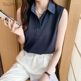 Women's Blouses Summer Women Silk Sleeveless Blouse Fashion Turn Down Collar Shirts Solid Elegant Casual Design Tops Office Lady Basic Top