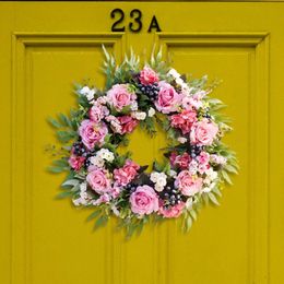 19.7in Front Door Wreath Rose Artificial Flowers Garland Outside Berry Floral for Window Bouquet Home Wedding Spring Summer 240105