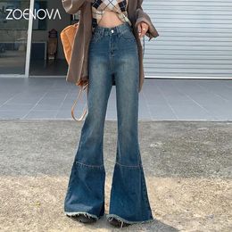 Jeans Zoenova 2023 Haruku Tassel Hems Y2k Dark Blue High Waist Streetwear Jeans Baggy Women Non Strech Straight Wide Leg Flare Pants