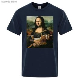 Men's T-Shirts Funny Mona Lisa And Cat Printed T-Shirt For Men Summer Cotton T Shirt Loose Breathable Clothing O-Neck Fashion Casual Short Tees T240105