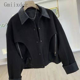 Gmiixder Unisex Pu Leather Patchwork Short Woollen Jacket Men Women Spring Autumn 2023 Designer Niche Spliced Zipper Lapel Coat 240105