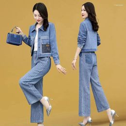 Women's Two Piece Pants Women's Spring Denim Suits Sky Blue Retro Short Jacket Loose Wide Leg Two-Piece Set