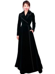 Winter Runway Designer Women Vintage Notched Collar Wrap Black Velvet Maxi Overcoat Thick Warm Pocket Long Trench Coat Outwear 240104