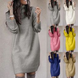 Winter Women'S Sweater Dress Solid Colour High Collar Sundress Casual Knitted Tunic Dresses Cold Weather Clothes Vestido Feminino 240104