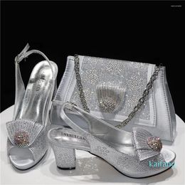 Dress Shoes Silver Color Fish Beaked Toe Cap Thin Heels Leather Fabric Design Matching Bag