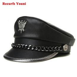 Novelty Winter Mens Genuine Leather Hat Male Flat Top Badge Locomotive Retro Military Caps Students Punk Cortical Chain Gorra 240104
