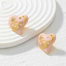 Viviennely Westwoodly Pink Sweet Peach Heart Drops Oil Earrings 925 Silver Needle Light Luxury Zirconia Earrings