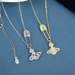 Fashion Vivienne Jewellery Empress Dowager Xi's same full diamond pin Saturn Necklace Korean fashion female snake bone chain cross chain pendant