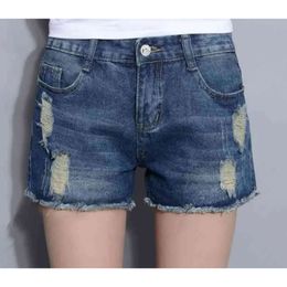 Hot Summer Hole Solid Cotton Women's Shorts Jeans for Women Female Women's Clothing Girl's Small Size Big Size 210324