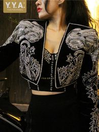 Luxury Vintage Women Velvet Short Coat Court Style Ladies Long Sleeve Beaded Diamond Jacket Fashion Designer Party Jackets 240104