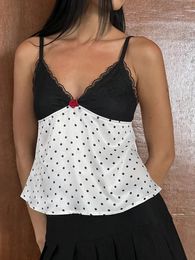 Women's Tanks Sleeveless Tops Backless Lace Patchwork Dots Print Summer Vest Kawaii Polka Dot Satin Crop Fairy Streetwear