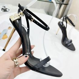 Padlock embellished Denim Heeled Sandals naked stiletto Heels Ankle wrap women Dress shoes metallic heel leather outsole luxury designers