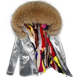 Maomaokong Rabbit Fur Lined Parka Natural Real Fur Coat Silver Coat Winter Jacket Women Raccoon Fox Fur Collar Warm Parkas 240105