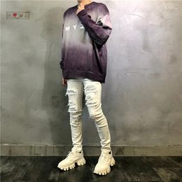 Men's Tracksuits High Street Fashionable Trousers Patch White Slim Jeans Fashion Stretch Feet Pants Washed Broken Holes