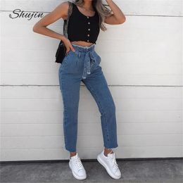 Jeans SHUJIN Women Vintage Jeans High Waist Belt Stretch Skinny Denim Female Tassel Pencil Pant Slim Trouser Zipper Burr Full Pants