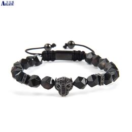 Bracelets Ailatu New Black Cz Panther Bracelet with 8mm Faceted Cut Natural Black Onyx Stone Beads Top Quality Leopard Jewellery Logo