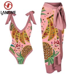 Pants Lanswe Retro Print Deep V Fruit Onepieces Swimsuit Onepiece Swimsuit 2023 Women Coverup Swimwear Summer Beachwear Brazil
