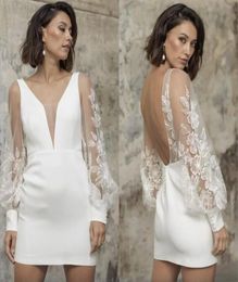 Kort bröllop chic klänningar för brud andra mottagningsklänningar spetsar långärmad öppen baksida vestido de novia