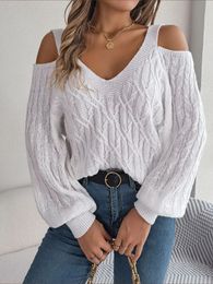 Autumn Winter Casual Solid Colour Sweater Fried Dough Twists Off Shoulder Long Lantern Sleeve Pullover Blue White Women Clothes 240105