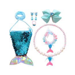 Bellezza Bambini Coda di pesce Collana di perle Bracciale Anello Orecchini Set Ragazza Accessori per neonati